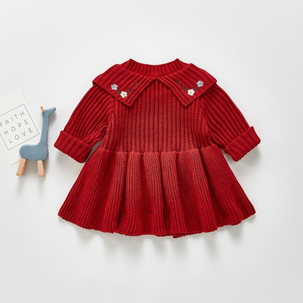 Pure cotton knitted dress- (Red, 12-18months)