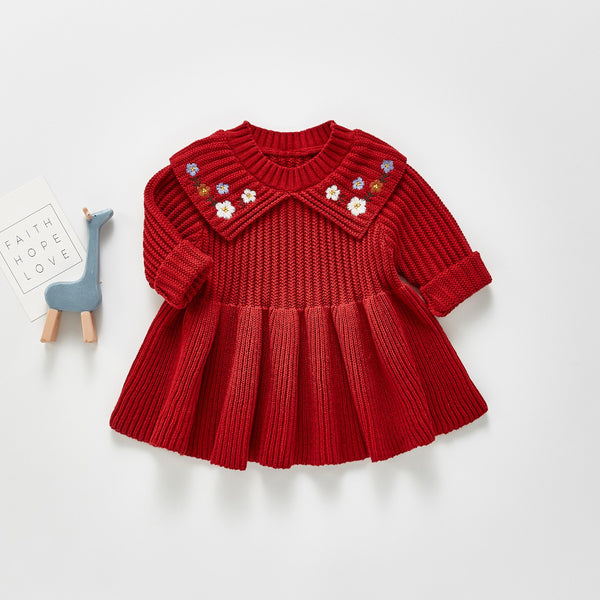 Pure cotton knitted dress- (Red, 12-18months)